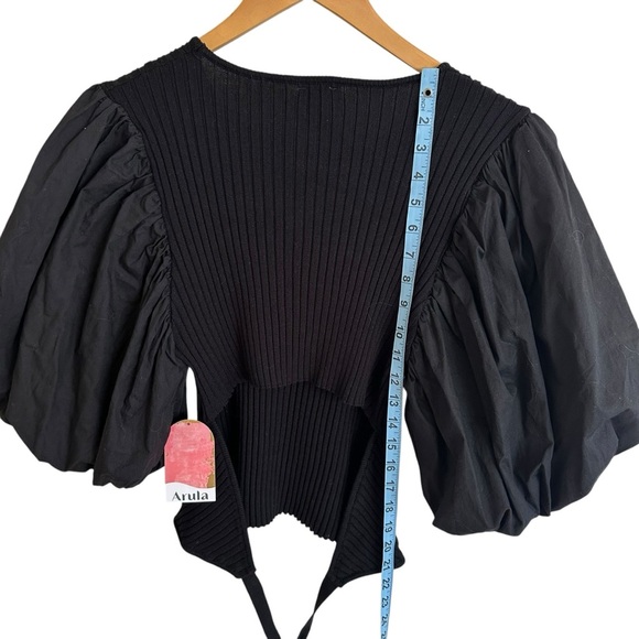 NWT Arula women’s XL “X” Black Puff Sleeve Crop Top Tie Back Stretchy Boho New - Picture 3 of 7